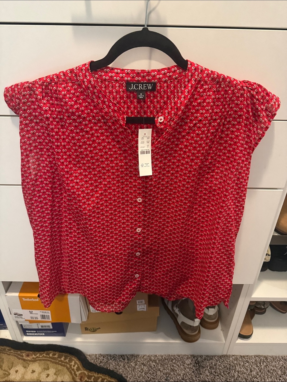 J.Crew Red Floral Cap-Sleeve Button-Down Blouse